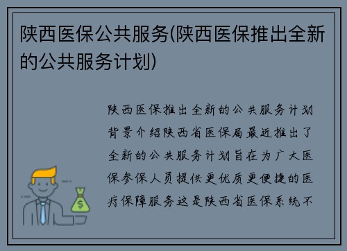 陕西医保公共服务(陕西医保推出全新的公共服务计划)